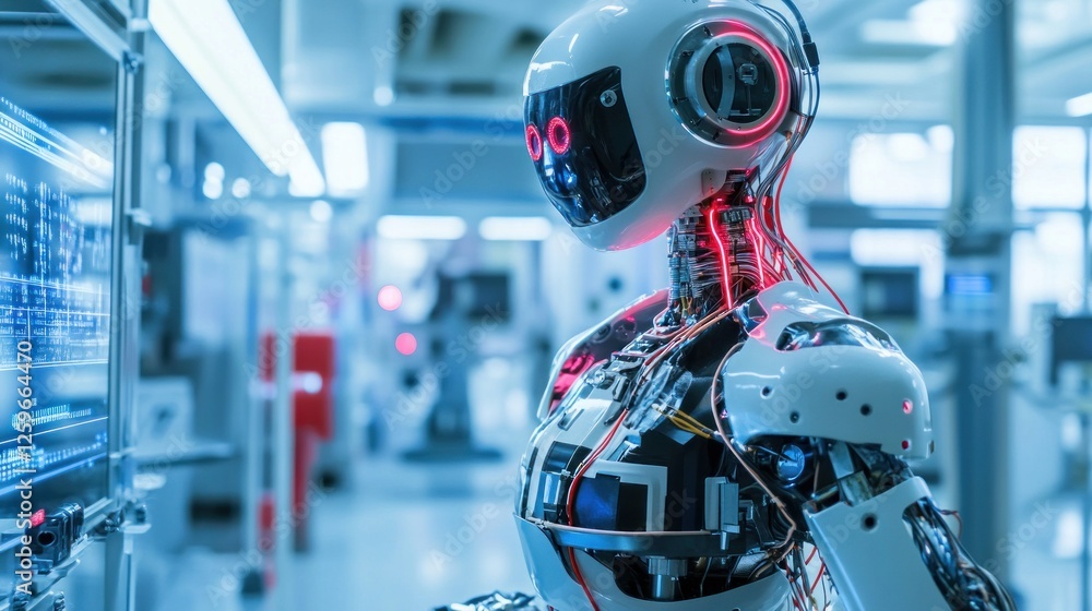 Poster advanced humanoid robot analyzing data streams in futuristic laboratory