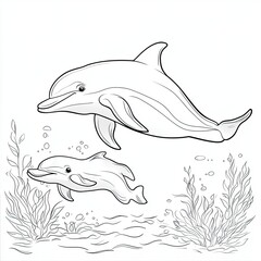 Naklejka premium Adorable Dolphin Mom and Baby Simple Coloring Book Page