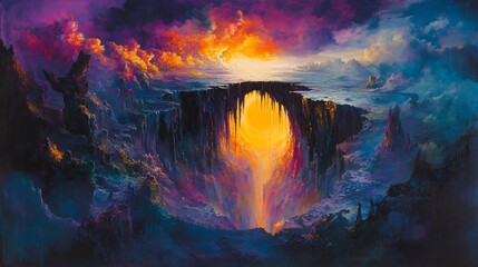 Fototapeta premium Vibrant sunset illuminates fantastical landscape dramatic chasm glowing sun epic composition. AI Generated