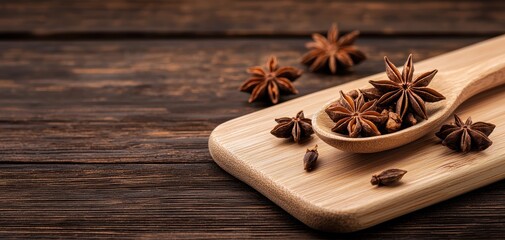 Close-up of anise seeds on a wooden spoon, placed on a rustic cutting board, soft natural lighting, star anise in background, warm earthy tones, ultra-HD clarity
