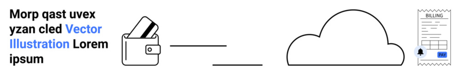 Wallet with credit cards connecting to a cloud icon and a receipt. Ideal for online payments, digital transactions, cloud storage, e-commerce, financial management, cybersecurity, invoicing. Landing