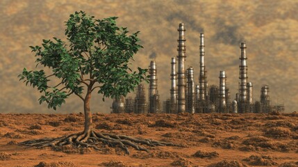 Obraz premium Lonely Tree with Exposed Roots in a Polluted Landscape Adjacent to Industrial Factories