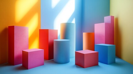 Obraz premium Vibrant colored geometric shapes bathed in warm sunlight. AI Generated