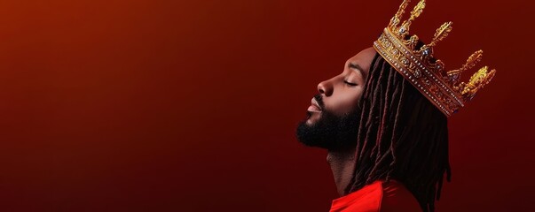 Naklejka premium Elegant king with dreadlocks, wearing a jewel-encrusted golden crown, luxurious red and gold royal attire, dark background, powerful and dignified presence, ultra-realistic