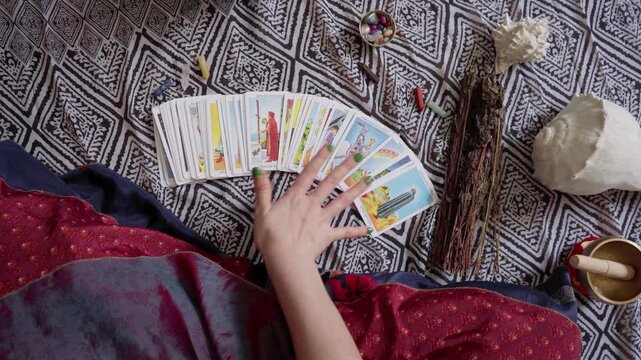A hand gently spreads colorful Mystical tarot cards reading setup with shells, dried herbs, crystals, and a singing bowl, evokes spiritual practices like meditation, mindfulness, or spiritual guidance