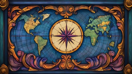 Vintage World Map Compass Richly Detailed Ornate Frame. AI Generated