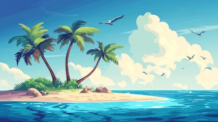 Obraz premium Tropical Paradise Island Illustration with Palm Trees and Birds in the Sky