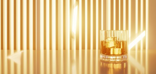 Elegant whiskey bottle and glass on a smooth surface, golden liquid glowing under soft natural light, high-detail reflections, premium beverage composition