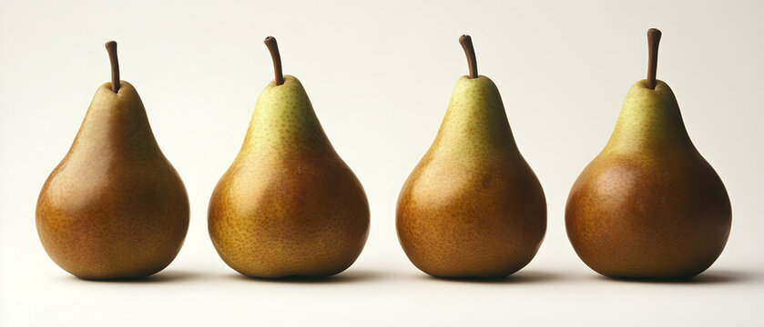 Four ripe pears in a row, white background, healthy food