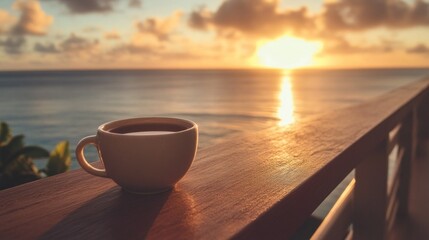 Morning serenity, Coffee cup with ocean vista at sunrise on a wooden railing