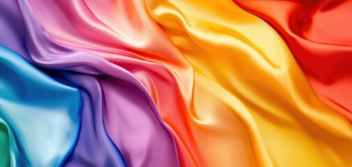 Obraz premium Flowing multicolored satin fabric, smooth gradient of rainbow hues, soft light reflections, airy and weightless movement, hyper-realistic texture