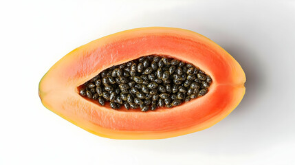 Ripe papaya half, seeds visible, white background, healthy food