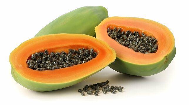 Ripe papaya halves, seeds, white background, healthy food - Powered by Adobe
