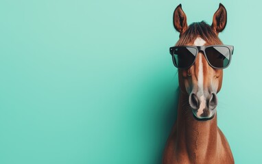 Funny and trendy horse wearing mirrored sunglasses, giving off a relaxed summer vibe against a bright and minimalistic cyan background