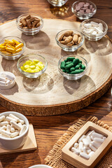 Organic food supplements, vitamins and minerals such as vitamin d3, a, b, c, e, k, magnesium, zinc and multivitamin pills in small plates a wooden desk on wooden background in sunshine. Rustic style.