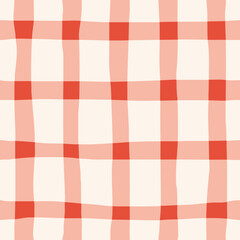 Seamless plaid background, red-cream checkered pattern. Red-cream linen vector