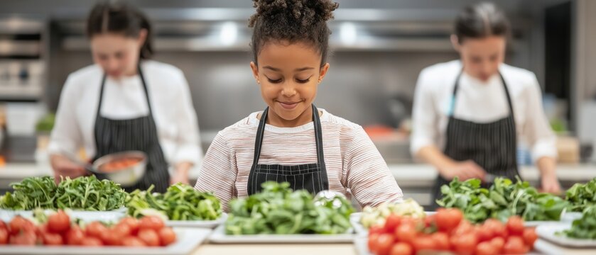 Young girl joyfully prepares fresh vegetables in a bustling kitchen