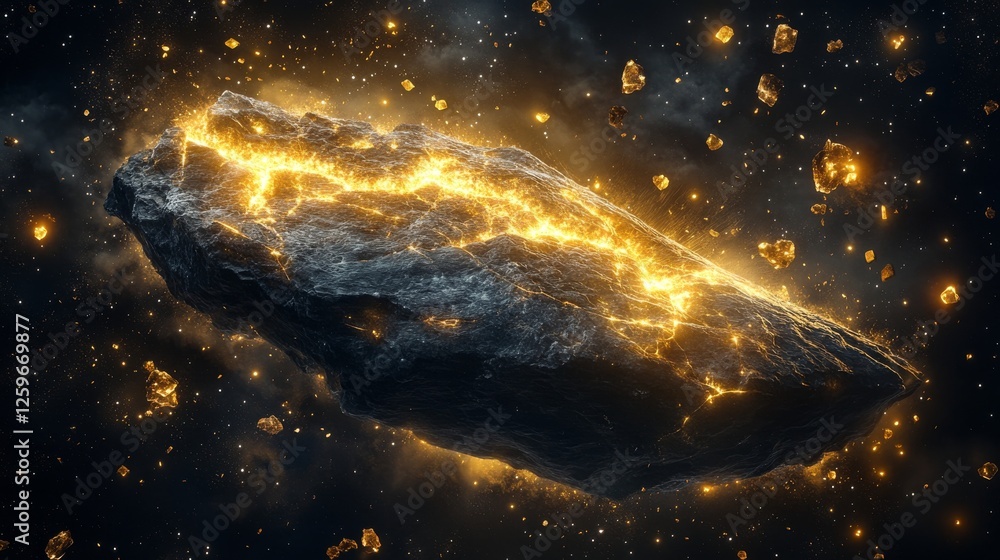 Poster a large, dark crystal stone floating in space with several glowing cracks running across its surface