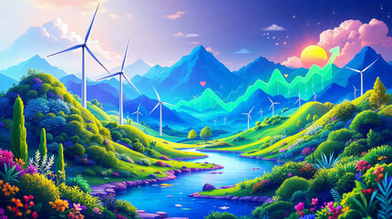 Digital landscape with wind turbines