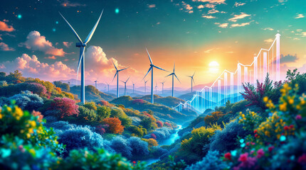 Digital landscape with wind turbines