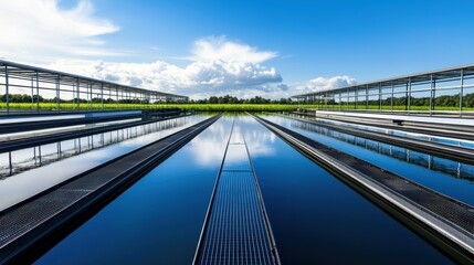 Obraz premium Innovative aquaponics farm with neatly arranged water enclosures, lush greenery, and a clear blue sky, symbolizing sustainable food production