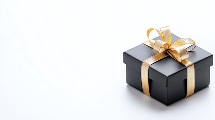 Obraz premium Black gift box with gold ribbon on white background; ideal for gifting occasions