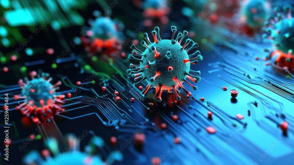 Poster virus pandemic digital threat: microscopic view on computer circuit board