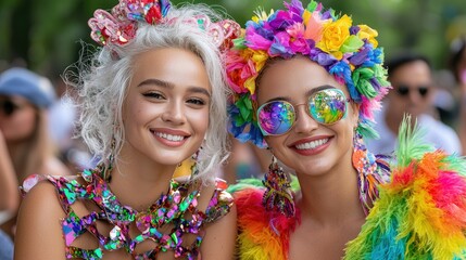 Two women smiling at Pride parade, colorful outfits, outdoor celebration