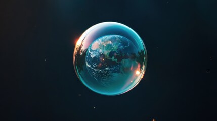 Fototapeta premium A giant soap bubble encases a small planet, creating a cosmic and surreal scene. Iridescent reflections and vibrant colors enhance the otherworldly atmosphere
