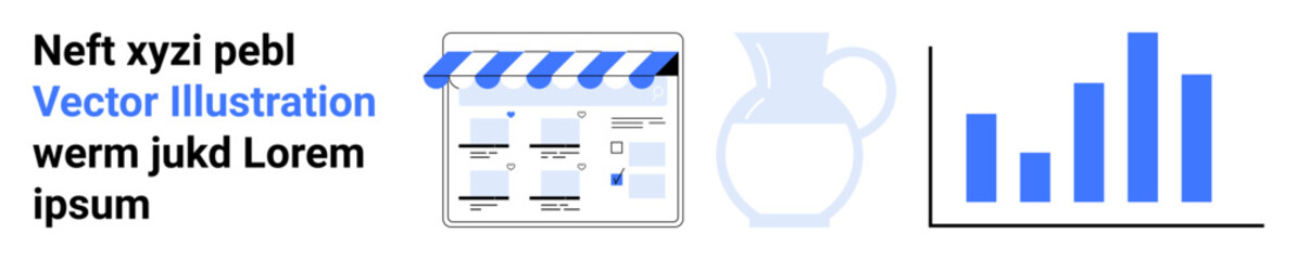 Text, online storefront with an awning, a pitcher, and bar graphs in shades of blue. Ideal for e-commerce, online business, sales performance, marketing, growth analysis retail user interface
