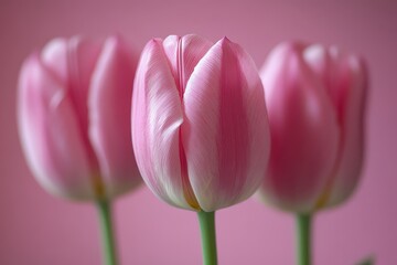 Fototapeta premium Pink tulips on a pink background, flat lay banner with copy space for text, soft and elegant spring design.
