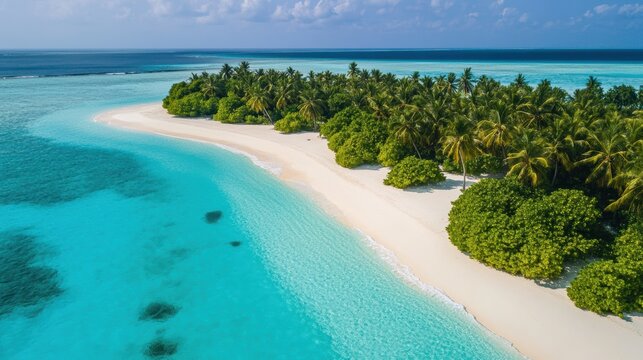 Tropical beach with crystal clear water and lush palm trees in Maldives, aerial view of serene paradise ideal for vacation and travel inspiration.
