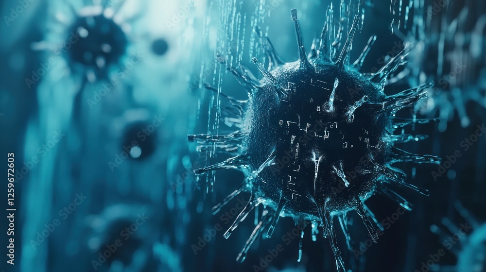 Poster microscopic view of a virus with digital circuitry integrated on surface