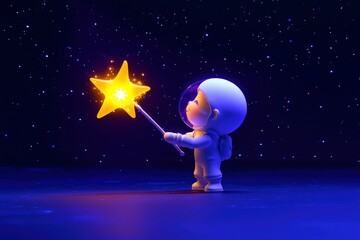 Obraz premium Adorable Astronaut Child Holding a Glowing Star Wand in Space