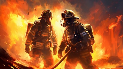 firefighter and soldier in full gear battling a large fire, light pastel background, empty space in the center,generative ai illustration