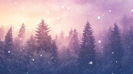 Naklejka premium Winter forest landscape with snow falling, foggy twilight scenery, and pine trees in soft purple and pink hues, perfect for seasonal advertisements or backgrounds.