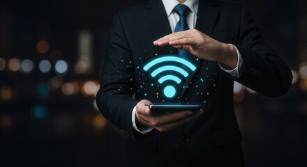 Woman holds a glowing Wifi icon. The Wifi icon is illuminated and floating on woman's hand. Connectivity and technology concept. The Wifi icon stands out in the dark on woman's hand. Wifi icons