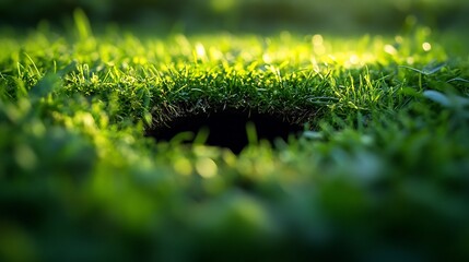 Naklejka premium Lush green grass softly backlit reveals dark hole. AI Generated