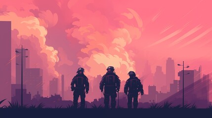 firefighter and soldiers working together to fight a fire in a city, soft gradient sky, empty space at the bottom,generative ai illustration