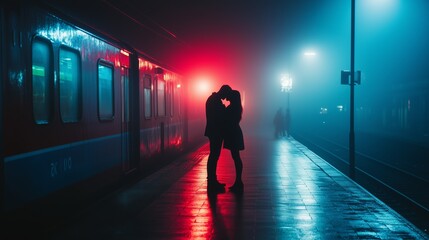 Lovers embrace on a foggy train platform at night under colorful lights