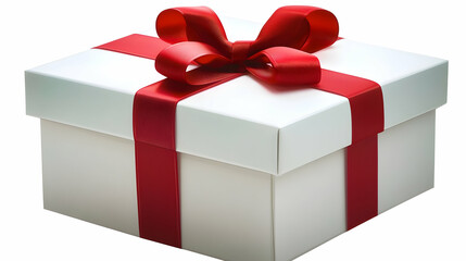 White gift box with red ribbon, isolated background