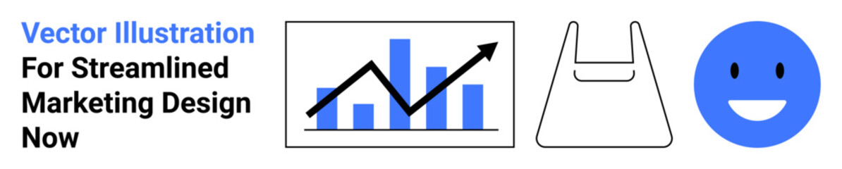 Bar chart with growth arrow, shopping bag outline, and happy face conveying success, commerce, positivity. Ideal for retail analytics, consumer trends, business growth, e-commerce customer