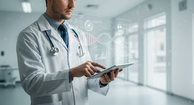 Abstract luminous DNA molecule. Doctor using tablet and check with analysis chromosome DNA genetic of human on virtual interface. Medical science and biotechnology