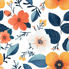 Fototapeta premium Create a colorful floral seamless illustration on a white background. surrounded by large leaves and smaller flowers. The overall composition should be a bold graphic