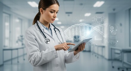 Abstract luminous DNA molecule. Doctor using tablet and check with analysis chromosome DNA genetic of human on virtual interface. Medical science and biotechnology