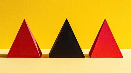 Three geometric pyramids in red and black against a vibrant yellow background
