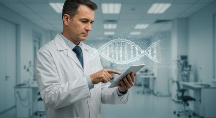 Abstract luminous DNA molecule. Doctor using tablet and check with analysis chromosome DNA genetic of human on virtual interface. Medical science and biotechnology