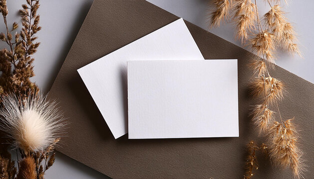 Plain modern business card mockup template with clippings complete with dried flower decoration