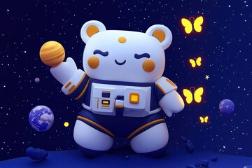 Fototapeta premium Adorable Astronaut Bear Cub Explores the Cosmos Amongst Planets and Butterflies