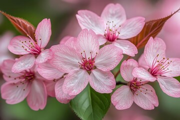 Fototapeta premium Close-up of Delicate Cherry Blossoms in Full Bloom, Soft Pink Petals, Subtle Green Leaves in Spring Nature